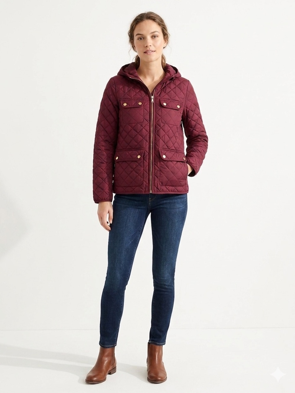 J.Crew Signature Puffer Jacket Burgundy Maroon XS Primaloft Quilted Hooded